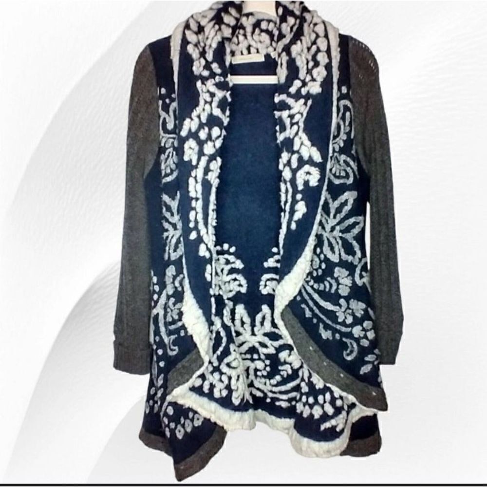 Anthropologie Sleeping on Snow Navy White Gray Open Cardigan Sweater